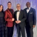 Celebrating a fab-u-lous evening, left to right Philip Fearn, Charity Project Manager for North West Anglia Hospitals’ Charity, NWAFT Chief Executive, Hannah Coffey, Hospitals’ Charity patron, Craig Revel Horwood, NWAFT Chair Professor Steve Barnett and ball host Ian Irving.
