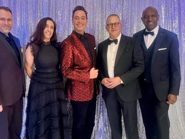 Celebrating a fab-u-lous evening, left to right Philip Fearn, Charity Project Manager for North West Anglia Hospitals’ Charity, NWAFT Chief Executive, Hannah Coffey, Hospitals’ Charity patron, Craig Revel Horwood, NWAFT Chair Professor Steve Barnett and ball host Ian Irving.