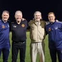 Before the Peterborough Sports v Banbury game, Robbie Savage (third left) with Sports officials Wayne Scott, Tim Woodward and Mark Ducket. Photo Darren Wiles