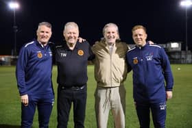Before the Peterborough Sports v Banbury game, Robbie Savage (third left) with Sports officials Wayne Scott, Tim Woodward and Mark Ducket. Photo Darren Wiles