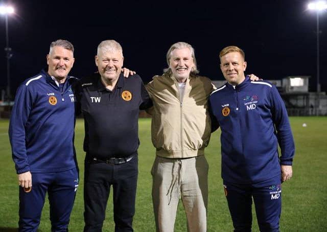 Before the Peterborough Sports v Banbury game, Robbie Savage (third left) with Sports officials Wayne Scott, Tim Woodward and Mark Ducket. Photo Darren Wiles
