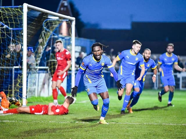 Maniche Sani celebrates scoring for Peterborough Sports. Photo: James Richardson.