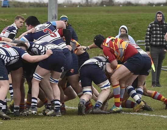 Johnathan Hamilton (right) has the ball at the back of the scrum in the win over Leighton Buzzard. Photo: David Lowndes.