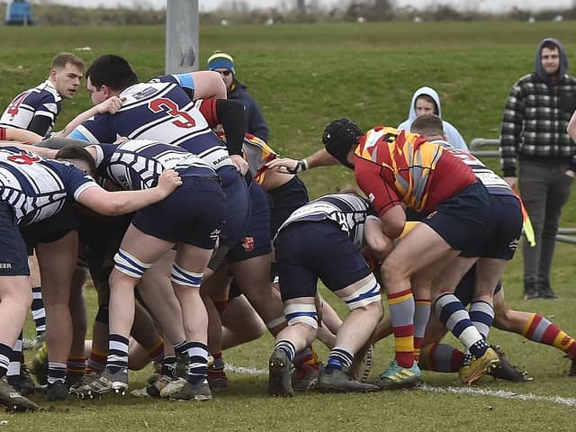 Johnathan Hamilton (right) has the ball at the back of the scrum in the win over Leighton Buzzard. Photo: David Lowndes.