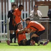 Peterborough Sports celebrate a Michael Richens goal. Photo Darren Wiles