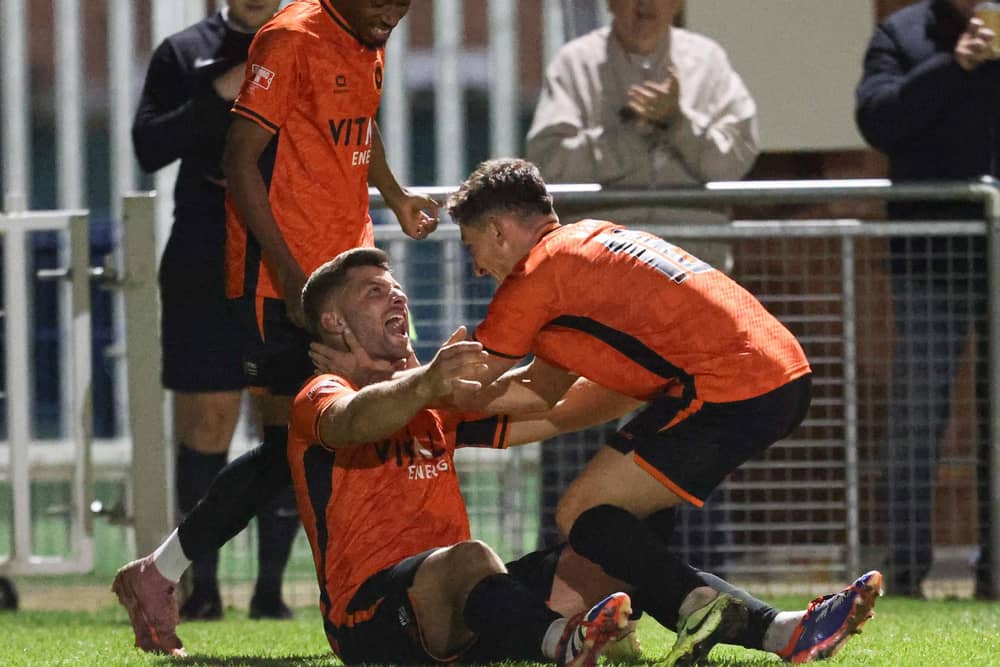 Peterborough Sports celebrate a Michael Richens goal. Photo Darren Wiles