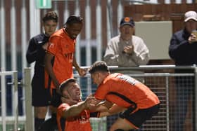 Peterborough Sports celebrate a Michael Richens goal. Photo Darren Wiles