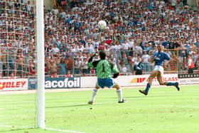 Ken Charlery scores the winning goal for Posh against Stockport County in the Third Division play-off final at Wembley in May, 1992.