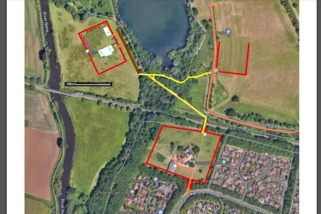 The planned site area. The two completed boxes show Horse Meadow and Lynch Farm. The other is an overflow car park.