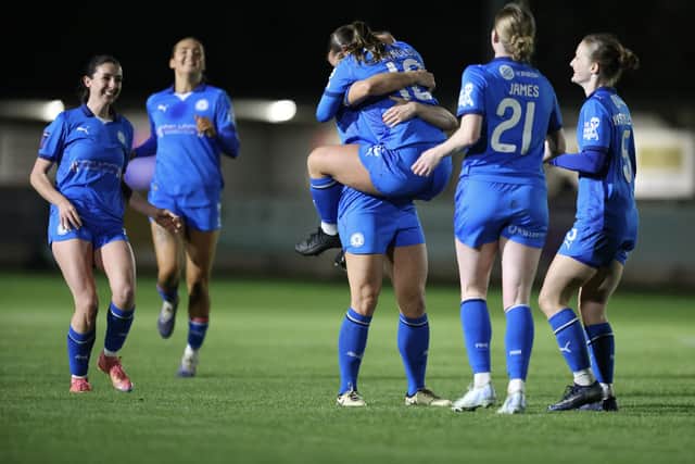 Posh celebrate a goal in the 7-3 romp at Northampton Town. Photo Darren Wiles.