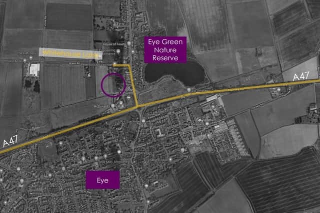 A map of the Eye Green, with the proposed site of the care home circled in purple.