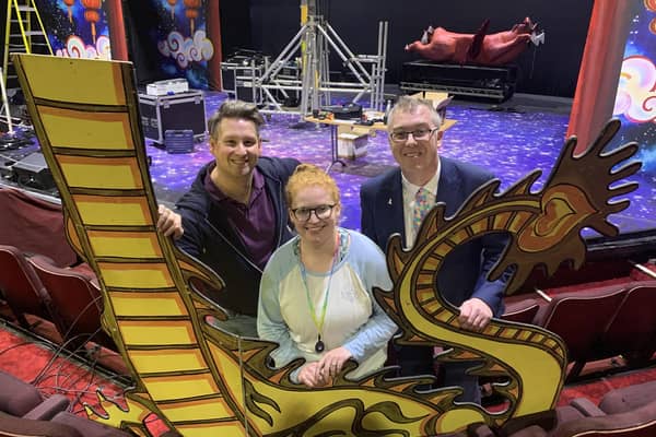 David Griffin-Stephens (Widow Twankey) with Amanda Humphries (company manager) and Cllr John Howard in the auditorium at the Key