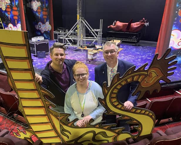 David Griffin-Stephens (Widow Twankey) with Amanda Humphries (company manager) and Cllr John Howard in the auditorium at the Key