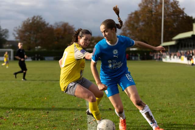 Poppie Brown on the ball for Posh against Boldmere St Michaels. Photo: Ruby Red Photography