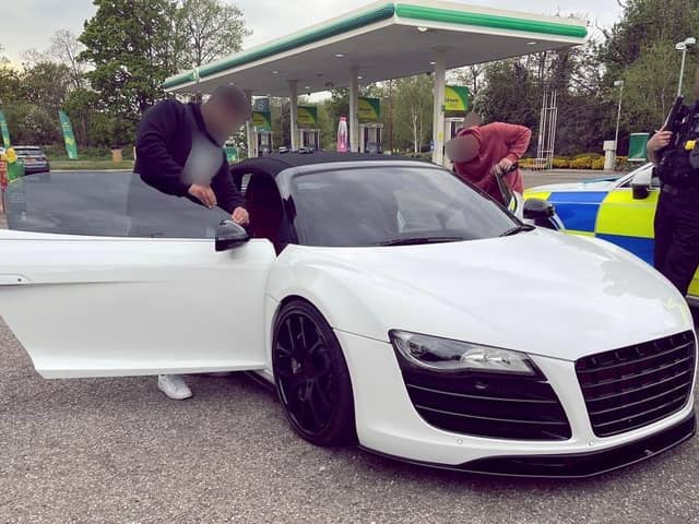 This Audi R8 attracted the attention of officers because it had no front reg plate, an illegal rear plate, side tints at 18% light transmission and windscreen at 30% (minimum limits are 70% and 75% respectively). Driver reported for offences and tints removed at scene.
