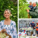 ITV's This Morning gardening expert Daisy Payne, who helped with the elderflower harvest, with Belvoir Farm’s Pev Manners; Mr Manners with the Lord Lieutenant of Leicestershire Mike Kapur; the bottling process at Belvoir Farm