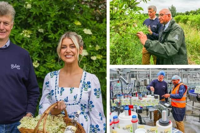 ITV's This Morning gardening expert Daisy Payne, who helped with the elderflower harvest, with Belvoir Farm’s Pev Manners; Mr Manners with the Lord Lieutenant of Leicestershire Mike Kapur; the bottling process at Belvoir Farm