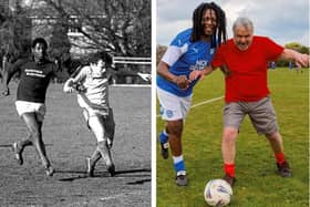 Horris Jones and Bob Latimer photographed in the 1981 match between Ancol and Broadgate   at The Grange in Mayors Walk - and the up to date reunion photo.