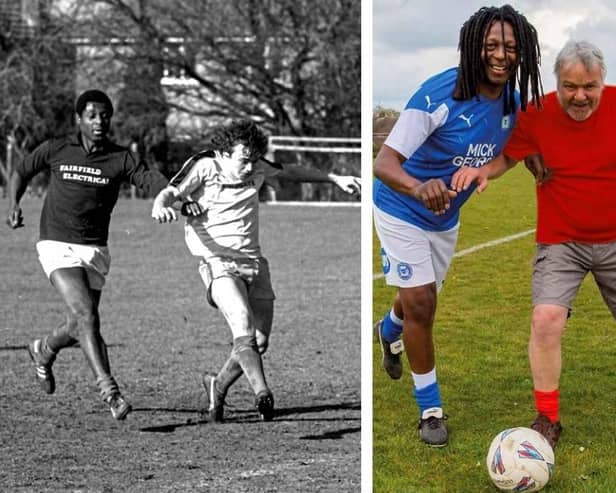 Horris Jones and Bob Latimer photographed in the 1981 match between Ancol and Broadgate   at The Grange in Mayors Walk - and the up to date reunion photo.