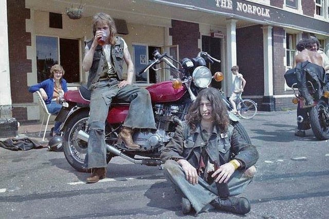 Bikers enjoying a summer 1977 beer outside The Norfolk Inn on the corner of Lincoln Road and Dogsthorpe Road which closed in 2001 (image: Peterborough Images Archive)