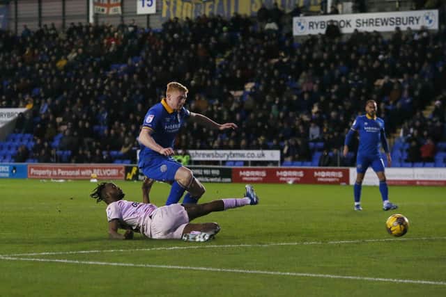Ricky-Jade Jones scores for Posh at Shrewsbury last season. Photo Joe Dent/theposh.com