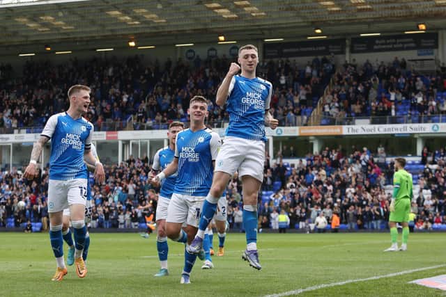 Jack Taylor celebrates his goal for Posh against Blackpool on the final day of last season. Photo: Joe Dent.