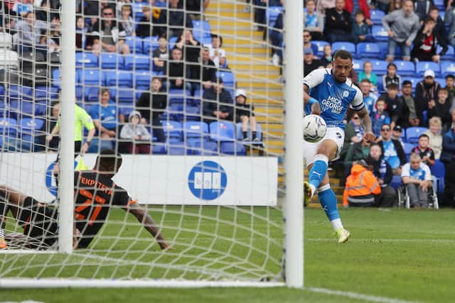 Jonson Clarke-Harris scores his 12th and final goal of the season for Posh against Blackpool. Photo: Joe Dent/theposh.com.