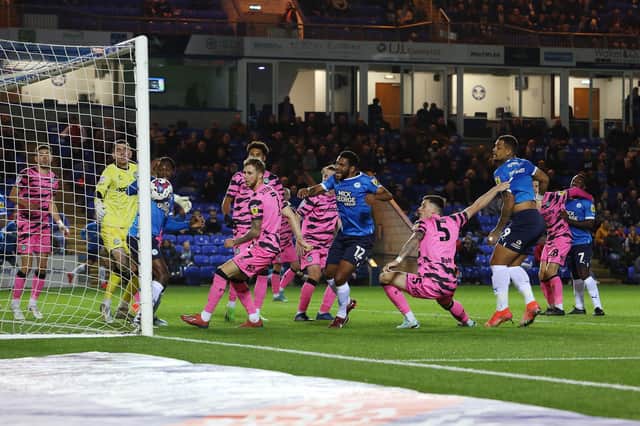 Nathan Thompson of Peterborough United scores the opening goal of the game against Forest Green Rovers. Photo: Joe Dent/theposh.com