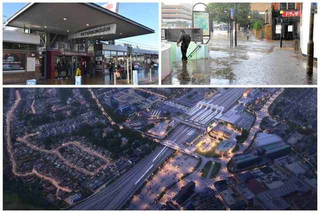 The image shows how the Station Quarter development could appear. Top left, Peterborough Railway Station. Top right, the Bourges Boulevard roundabout with entrance to the underpass.
