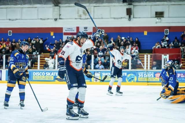 Adam Berg celebrates his hat-trick goal for Phantoms against Romford Raiders. Photo Willow Florence Photography