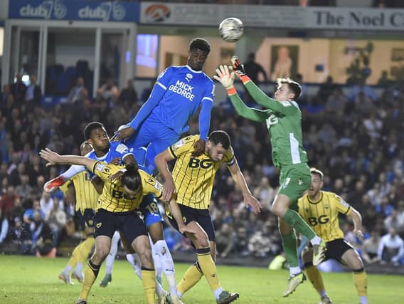 Posh substitute Emmanuel Fernandez sent this late header over the crossbar. Photo David Lowndes.