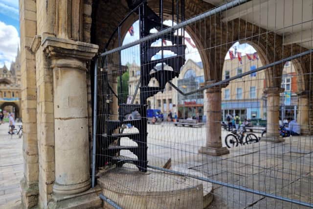 The fencing that surrounds the entrance to the Guildhall in Peterborough