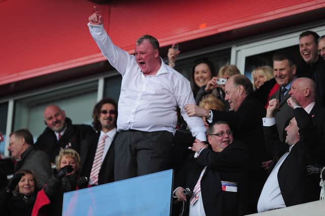Steve Evans celebrates promotion from League Two during his first spell as Rotherham United. Photo Jamie McDonald/Getty Images.