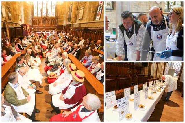 Pie makers sit in St Mary's Church, Melton, Mowbray, where the British Pie Awards are being held, left. Judges sample and test the many pies competing for the top honours, right