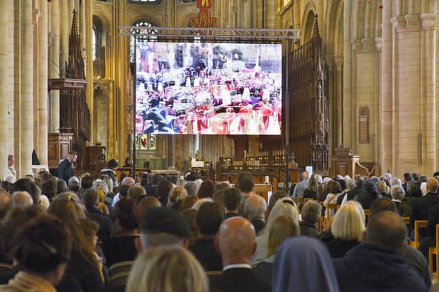 The Queens funeral service televised at Peterborough Cathedral.