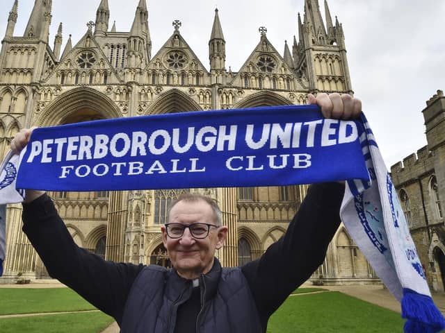 Dean of Peterborough Cathedral Very Revd Christopher Dalliston supporting the Posh ahead of the cup final