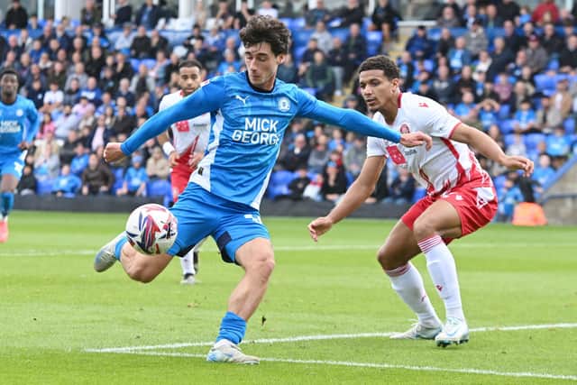Joel Randall in action against Stevenage on Saturday. Photo: David Lowndes.
