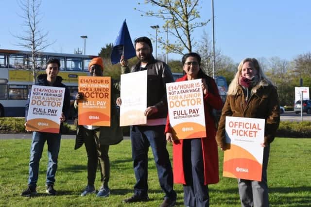 Junior doctors on picket duty outside Peterborough City Hospital on the first day of their strike on 11 April (image: David Lowndes)