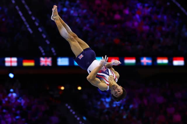Jake Jarman during his Floor silver medal performance in Rotterdam. Photo by Dean Mouhtaropoulos/Getty Images.