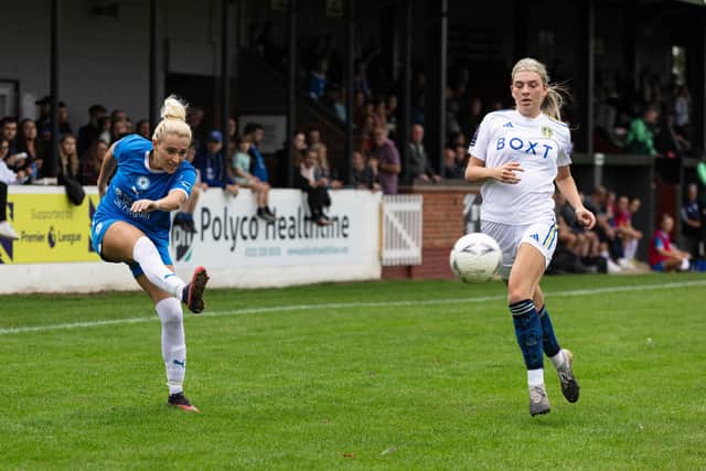 Sophie Scargill of Posh delivers a cross against Leeds United. Photo: Ruby Red Photography