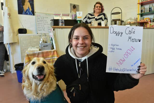The doggy cafe at The Hub Tenter Hill, Stanground. Lauren Denham with dog Teigan
