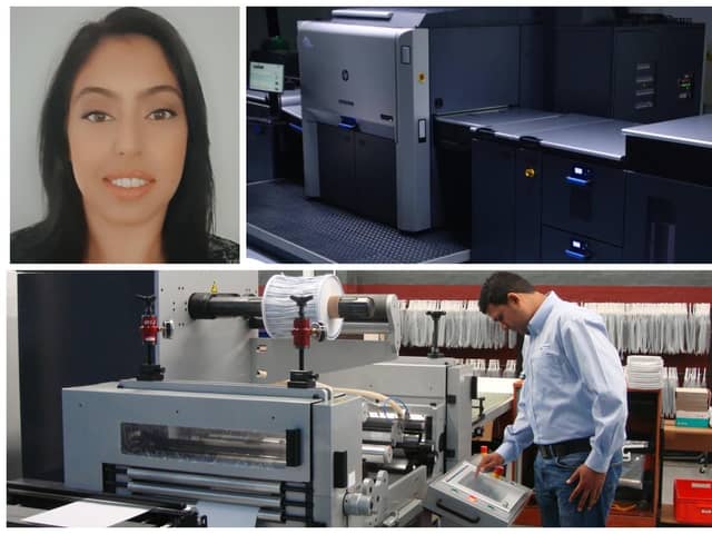 From left, Kiran Sethi, managing director of AA Labels; the new printer and, below, inside the factory of AA Labels.