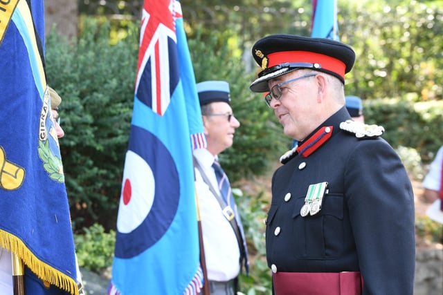 VJ Day memorial service at Central Park with Royal British Legion standard bearers on duty.  Deputy Lord Lt Benjamyn Damazer inspects the standard bearers.