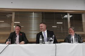 Left to right: Jason Neale, Darragh MacAnthony and Stewart Thompson together at a fans forum in 2021. Photo: Joe Dent.