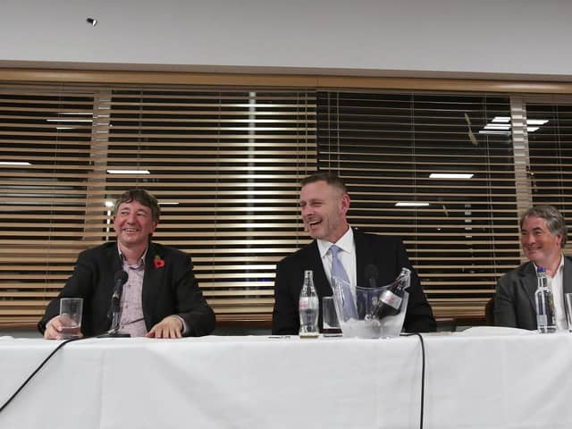 Left to right: Jason Neale, Darragh MacAnthony and Stewart Thompson together at a fans forum in 2021. Photo: Joe Dent.
