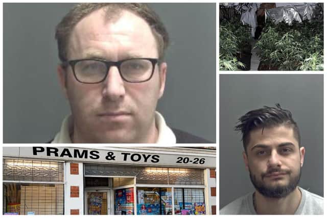 Robertas Cela (top left), Fjoraldo Hazizi (bottom right), the shop they were living in, and some of the plants found by officers