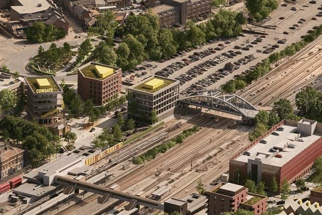 This CGI shows an aerial view of Peterborough train station and its surroundings