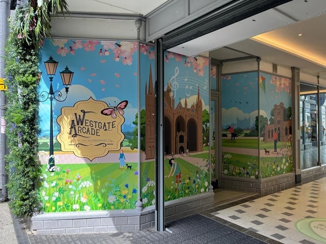 This image in the Westgate Arcade in Peterborough is inspired by the city's Cathedral