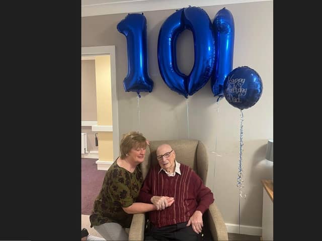 Ron celebrating his 101st birthday with his daughter Angela.
