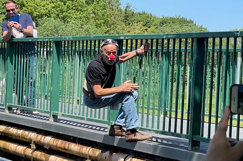 Veteran actor and stuntman Andy Bradford reprised his role of secret agent 009, hanging off Orton Mere (complete with red nose) to re-enact a thrilling chase sequence from the film.